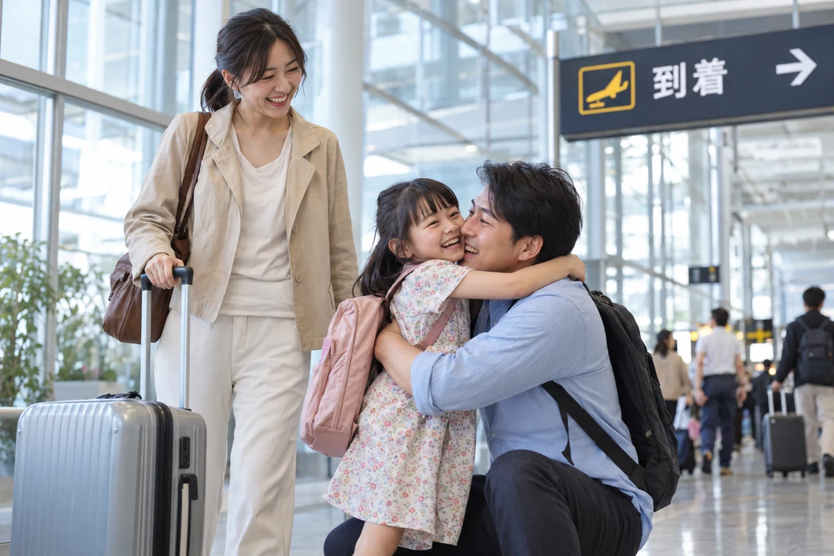 Vợ chồng và con nhỏ vui mừng đoàn tụ tại khu đến của sân bay Nhật Bản, bên cạnh vali.