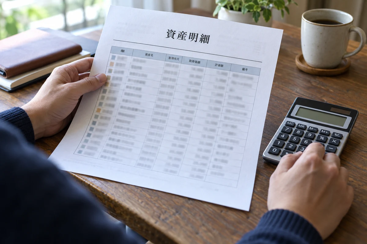 Người xem bảng kê tài sản khấu hao cùng máy tính cầm tay, đối chiếu giá trị tính thuế với ngưỡng miễn.