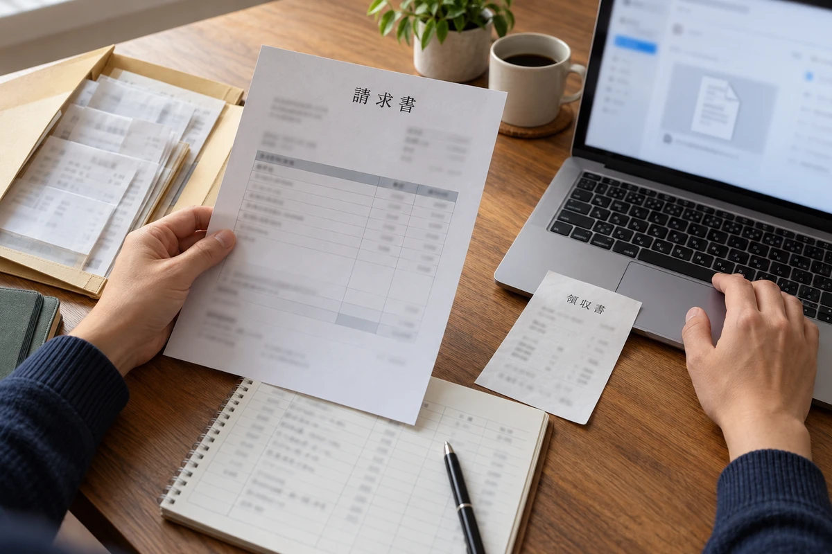 Người phụ trách đối chiếu chứng từ tìm lại từ email với sổ và hồ sơ mua hàng trên bàn.