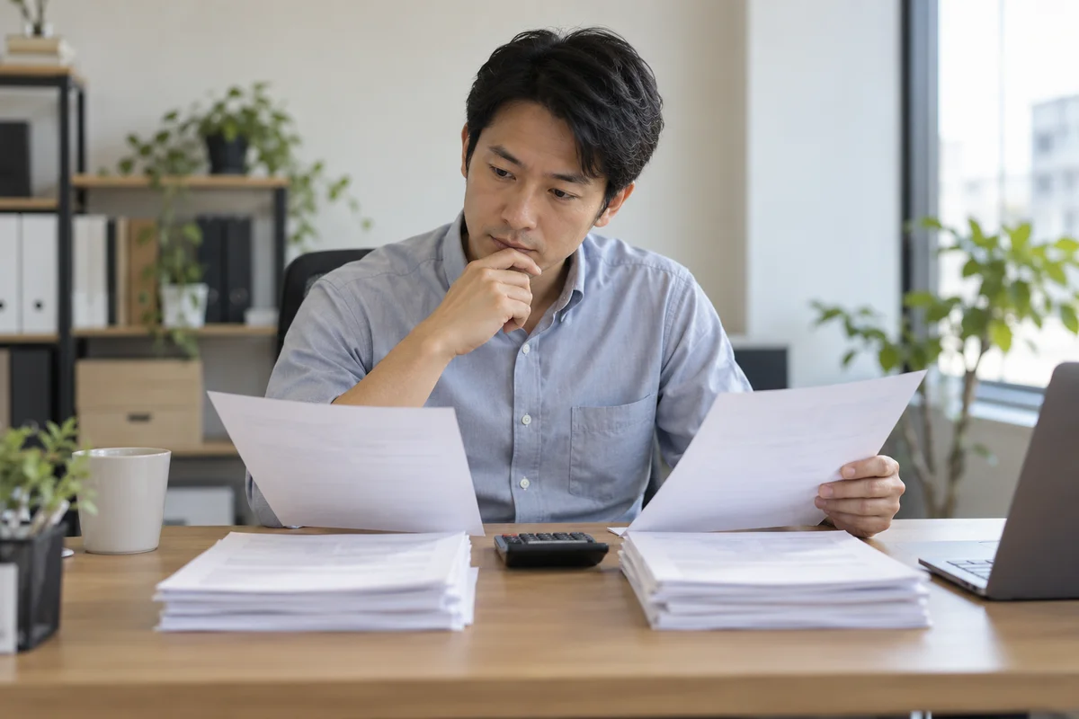 Nhân viên kế toán đối chiếu hai nhóm hồ sơ tại bàn làm việc.