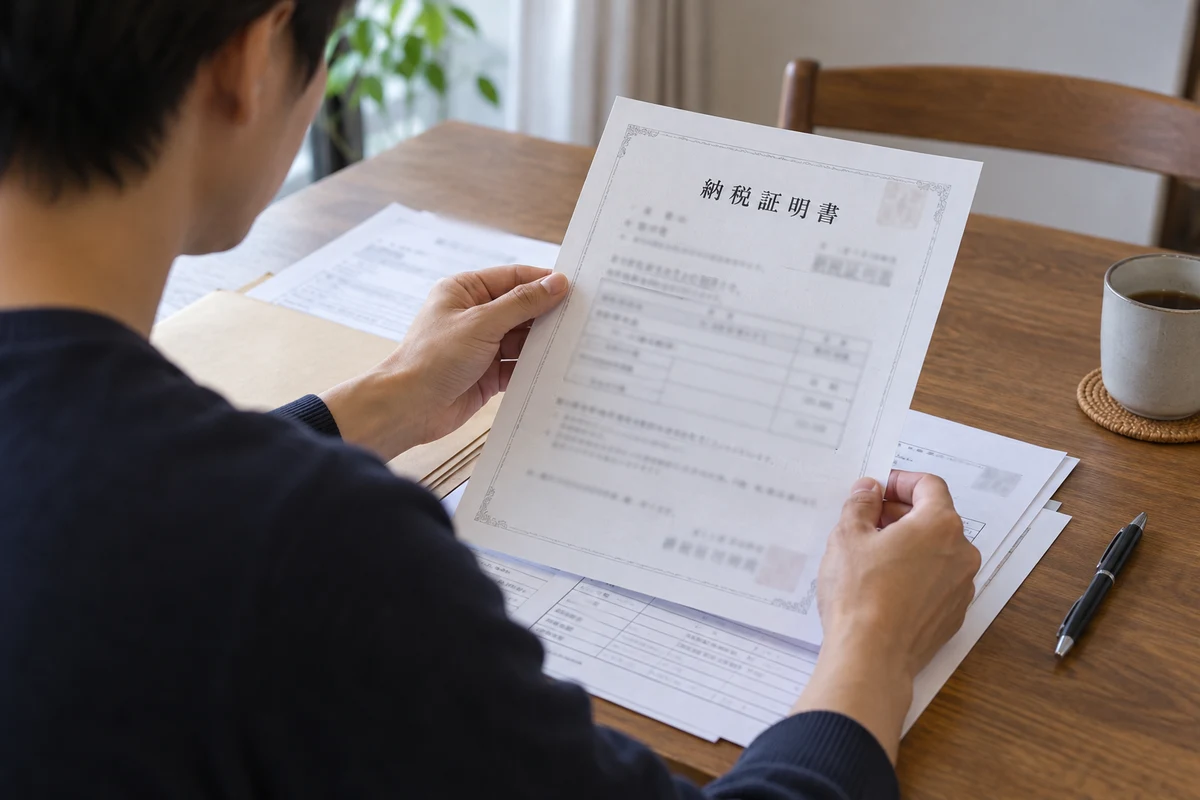 Người chuẩn bị hồ sơ với giấy chứng nhận nộp thuế 納税証明書.