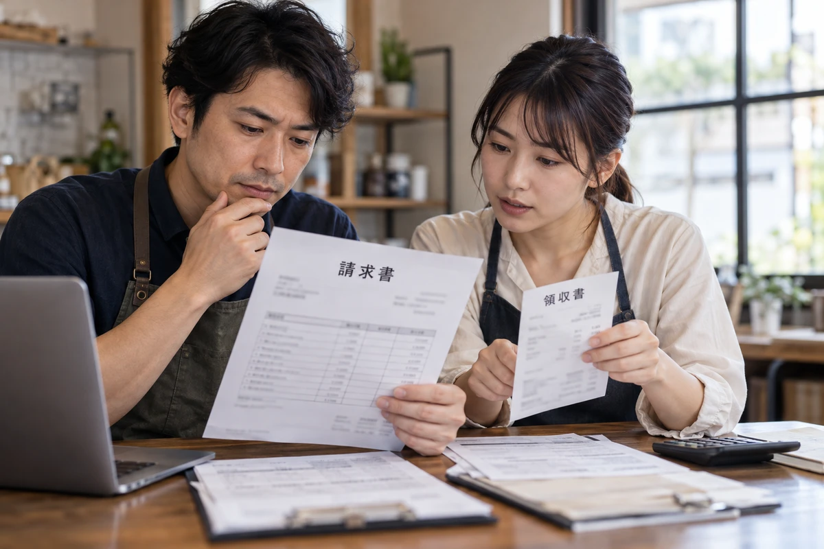 Hai người đối chiếu giấy tờ và sắp xếp hồ sơ kế toán trên bàn làm việc.
