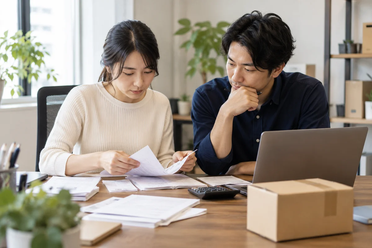 Chủ doanh nghiệp và nhân viên kế toán đối chiếu chứng từ tại bàn làm việc.