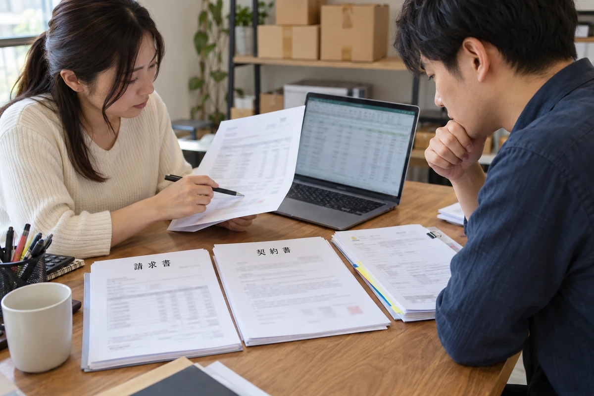 Hai người đối chiếu các nhóm chứng từ của lô hàng xuất khẩu với dữ liệu trên máy tính.