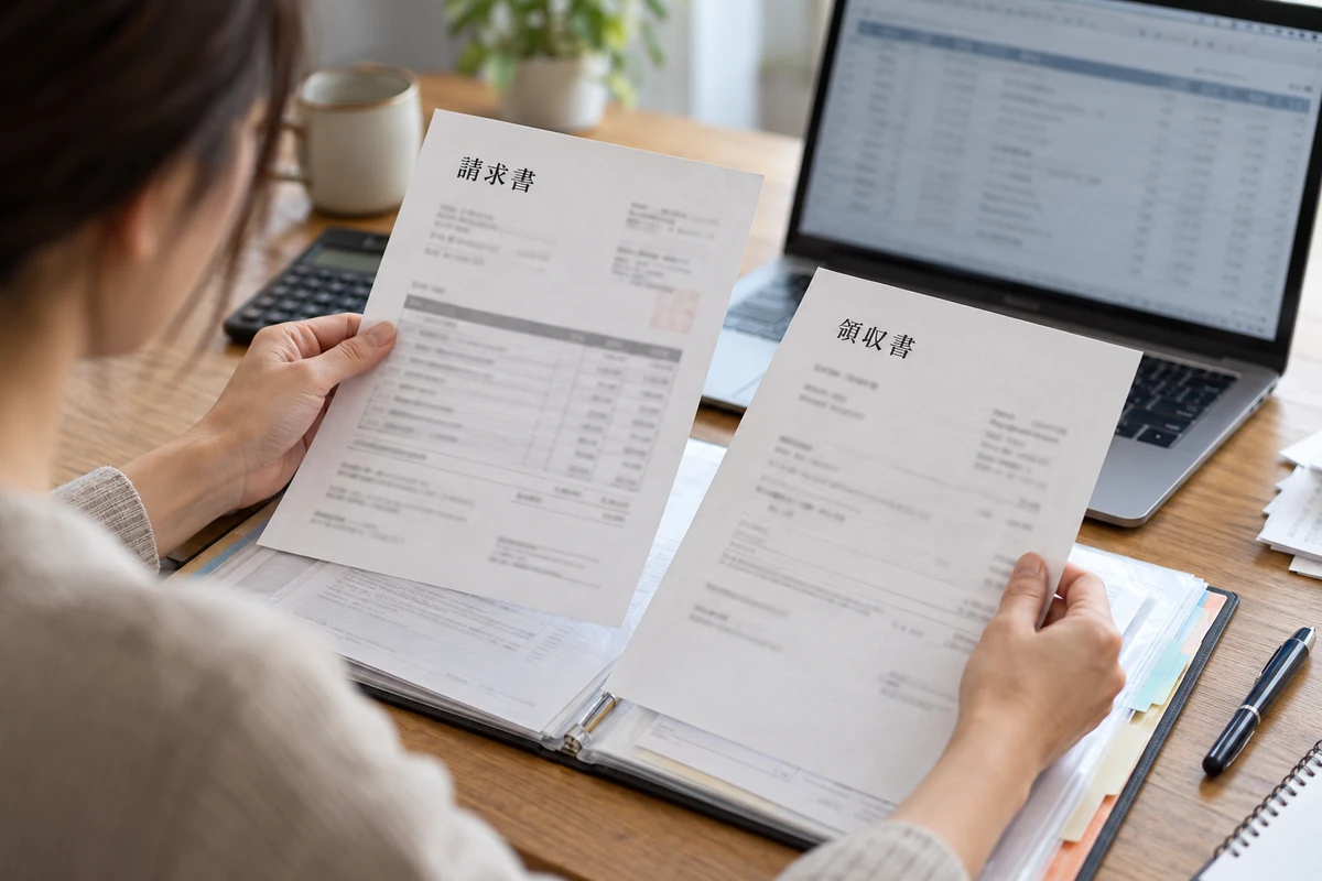Người phụ trách đối chiếu hoá đơn và biên nhận với dữ liệu kế toán trên máy tính.
