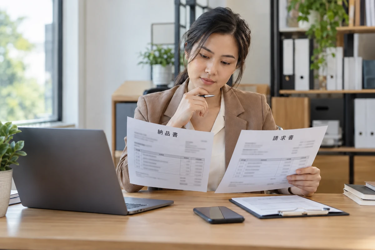 Chủ doanh nghiệp đối chiếu hoá đơn và biên lai với dữ liệu công nợ trên máy tính.