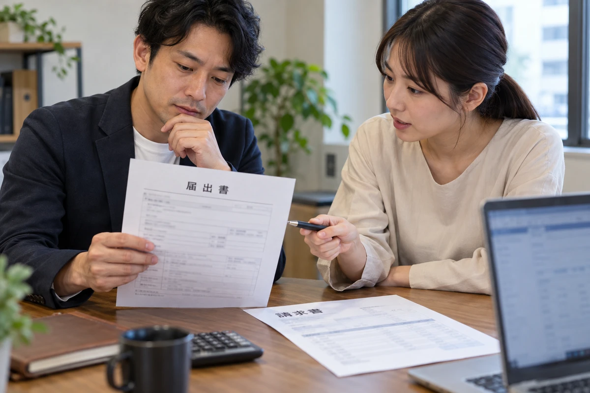 Chủ doanh nghiệp cùng người phụ trách đối chiếu đơn và chứng từ trước khi nộp hồ sơ.