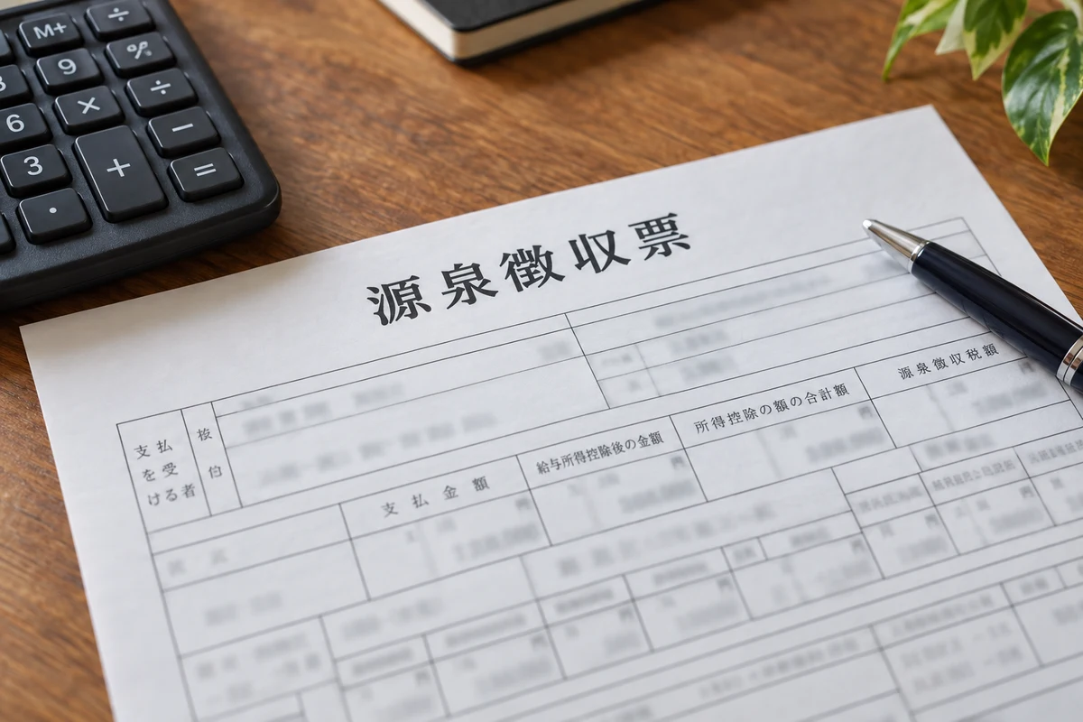 Giấy khấu trừ thuế tại nguồn 源泉徴収票 cùng máy tính cầm tay trên bàn làm việc.