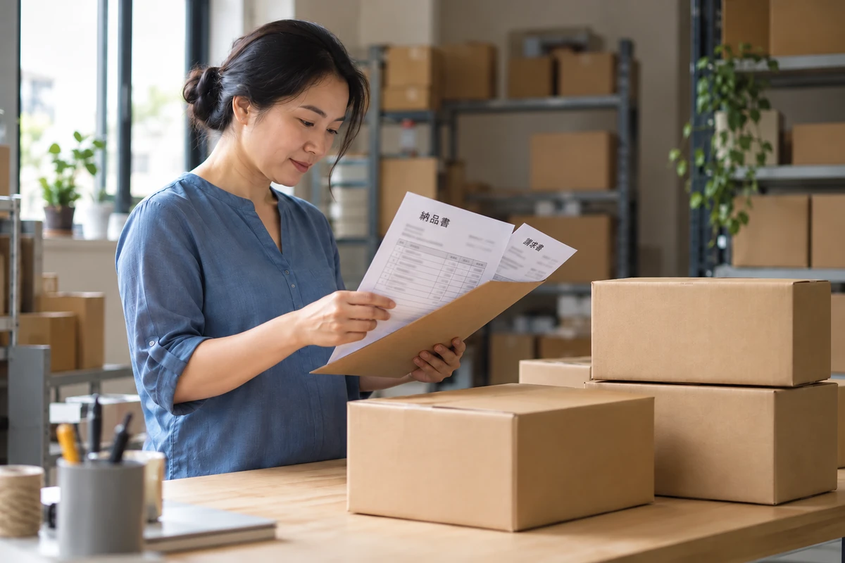 Chủ doanh nghiệp kiểm hồ sơ bên cạnh các thùng hàng trong kho.