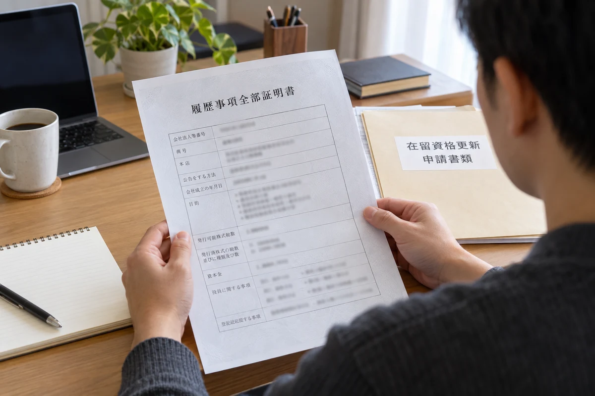 Người xem lại giấy chứng nhận đăng ký công ty 履歴事項全部証明書 cùng hồ sơ gia hạn visa trên bàn làm việc.