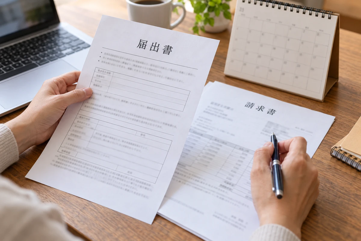 Hai bàn tay xem hồ sơ hành chính bên lịch để kiểm tra các mốc thủ tục riêng biệt.