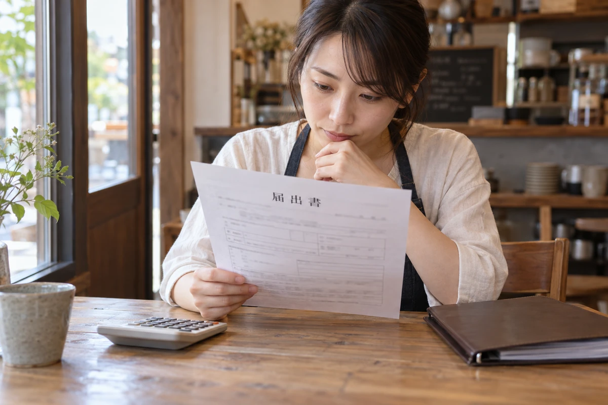 Chủ doanh nghiệp đối chiếu giấy thông báo có tiêu đề 届出書 bên máy tính cầm tay.