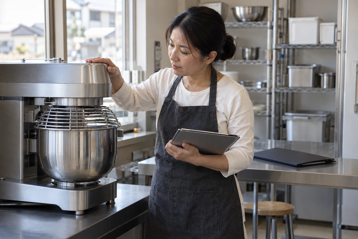 Chủ doanh nghiệp kiểm tra một máy trộn thực phẩm trong khu làm việc, minh hoạ việc theo dõi máy móc đã mua.