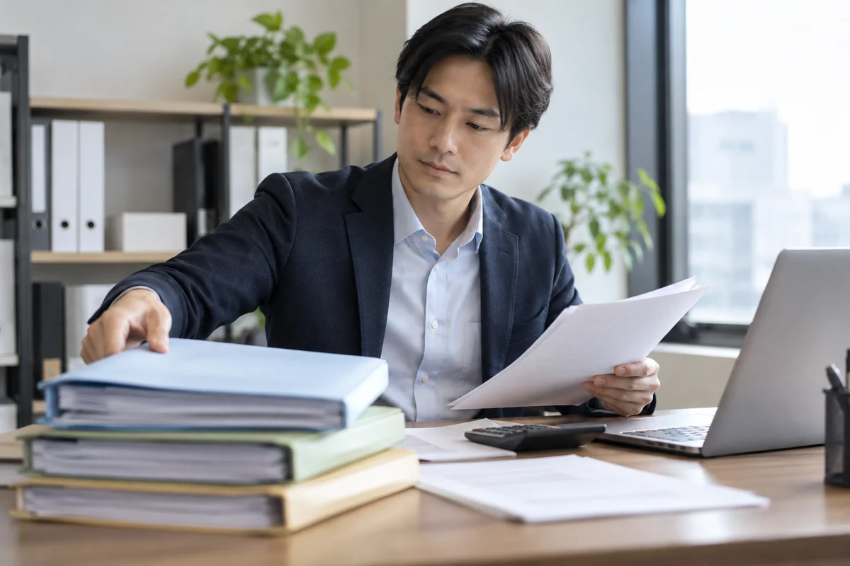 Chủ doanh nghiệp sắp xếp hồ sơ để chuẩn bị kê khai định kỳ.