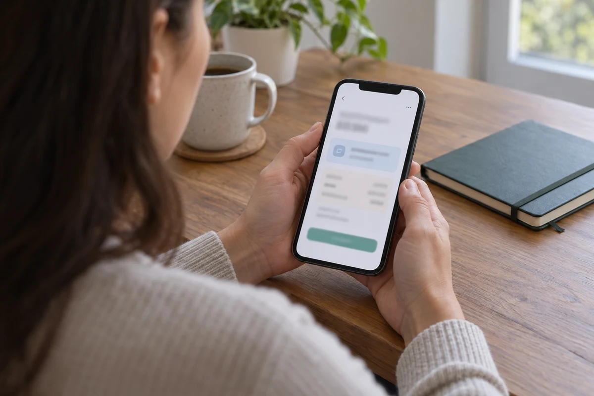 Người xem hướng dẫn thanh toán lệ phí trên điện thoại trước khi nộp hồ sơ online.
