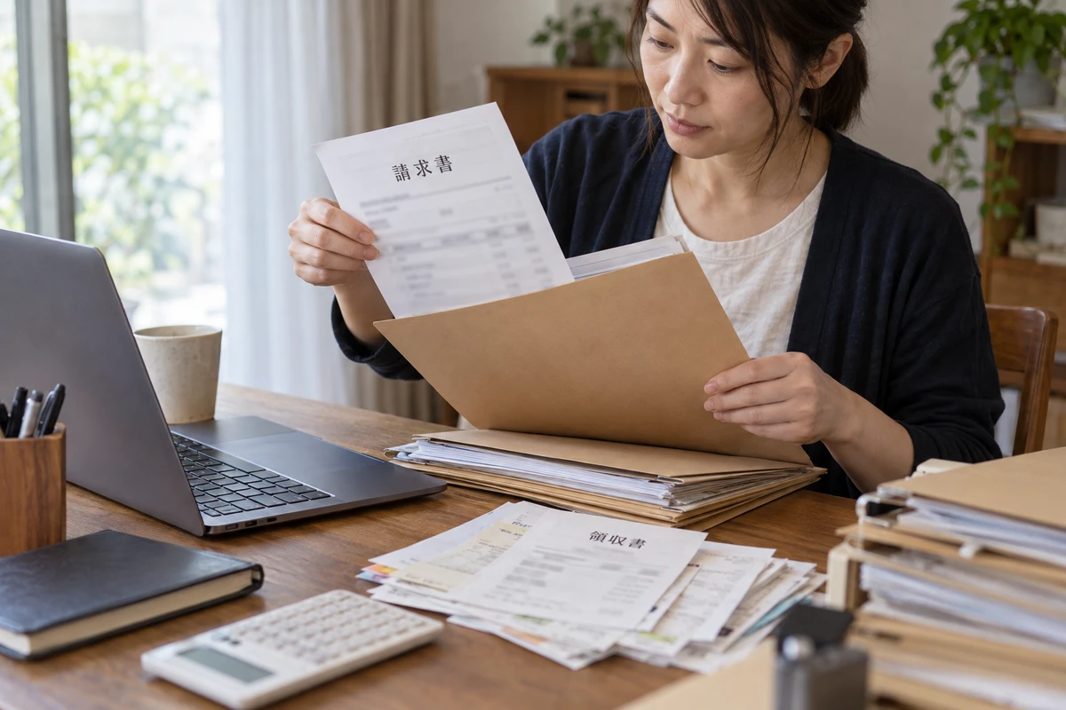 Người phụ trách sắp xếp chứng từ kế toán vào tập hồ sơ bên cạnh máy tính.