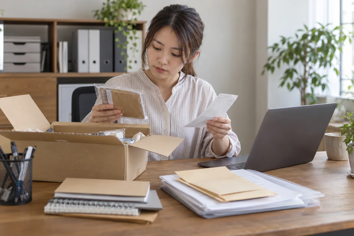 Nhân viên văn phòng đối chiếu văn phòng phẩm vừa nhận với chứng từ mua hàng.