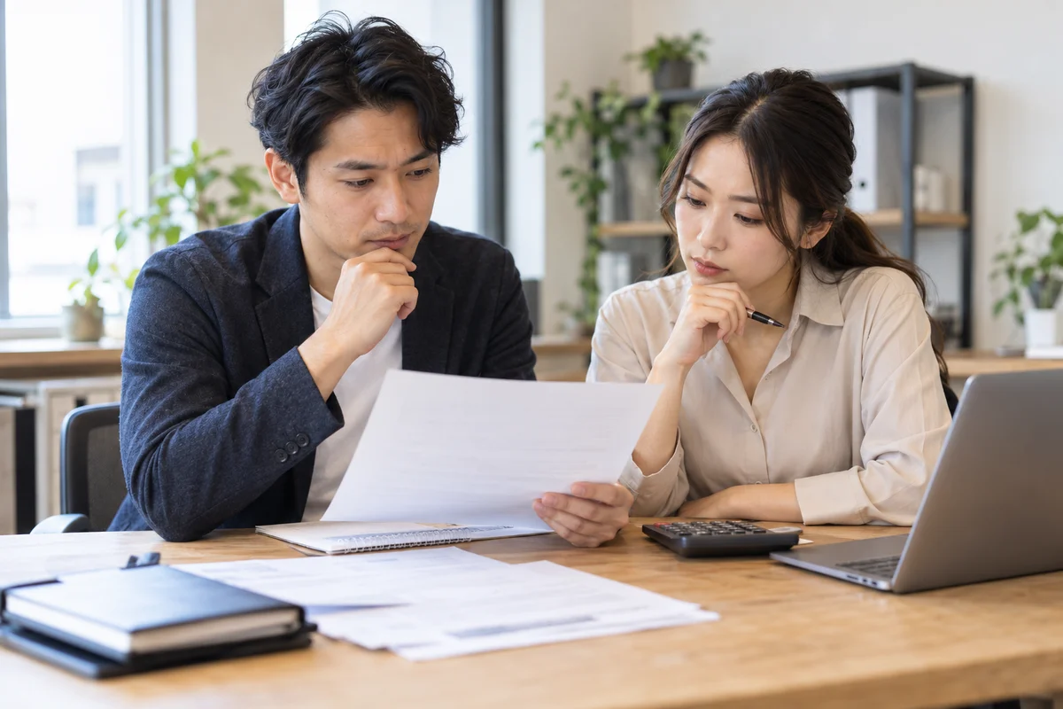 Chủ công ty mới và nhân viên kế toán kiểm tra hồ sơ kinh doanh.