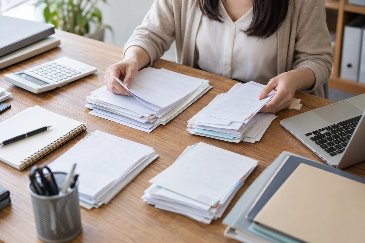 Nhân viên kế toán phân loại các nhóm chứng từ chi phí trên bàn làm việc.