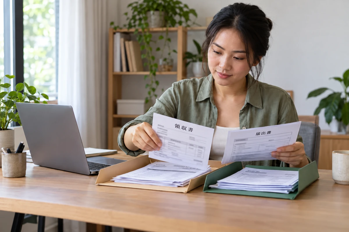 Chủ doanh nghiệp sắp xếp giấy tờ thanh toán vào các tập hồ sơ trên bàn.