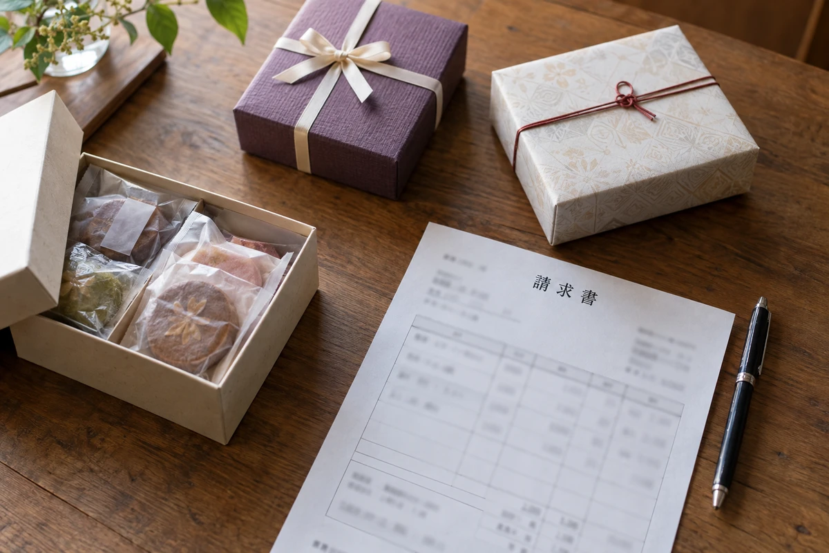 Các hộp quà và hoá đơn mua hàng được đặt cùng nhau trên bàn.