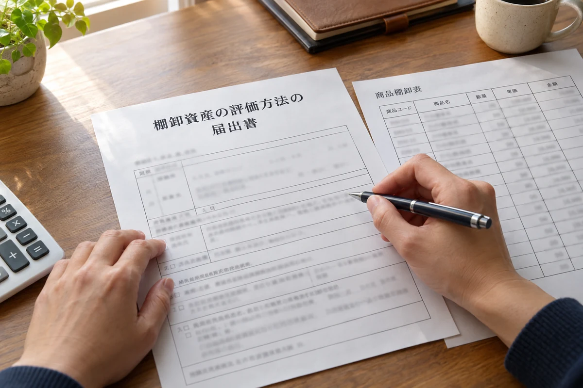 Người điền giấy thông báo phương pháp đánh giá hàng tồn kho cùng bảng kê hàng hóa trên bàn làm việc.
