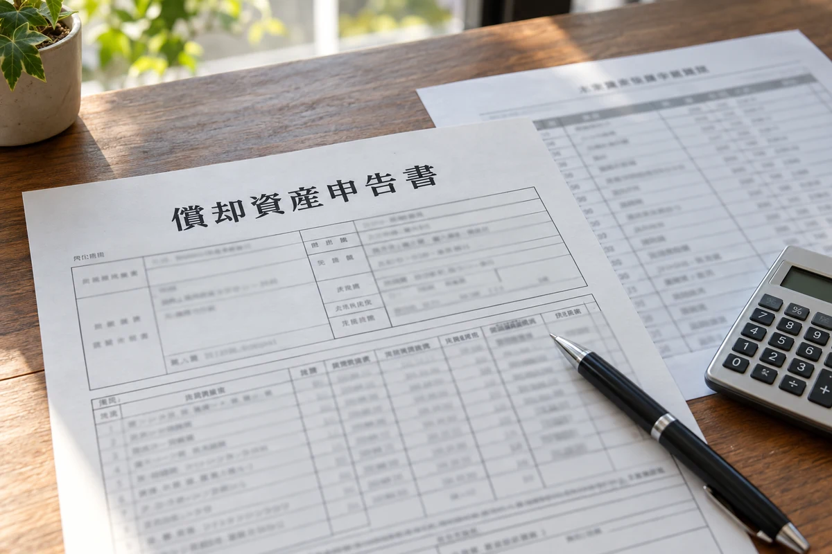 Tờ khai tài sản khấu hao 償却資産申告書 cùng danh mục tài sản trên bàn làm việc.