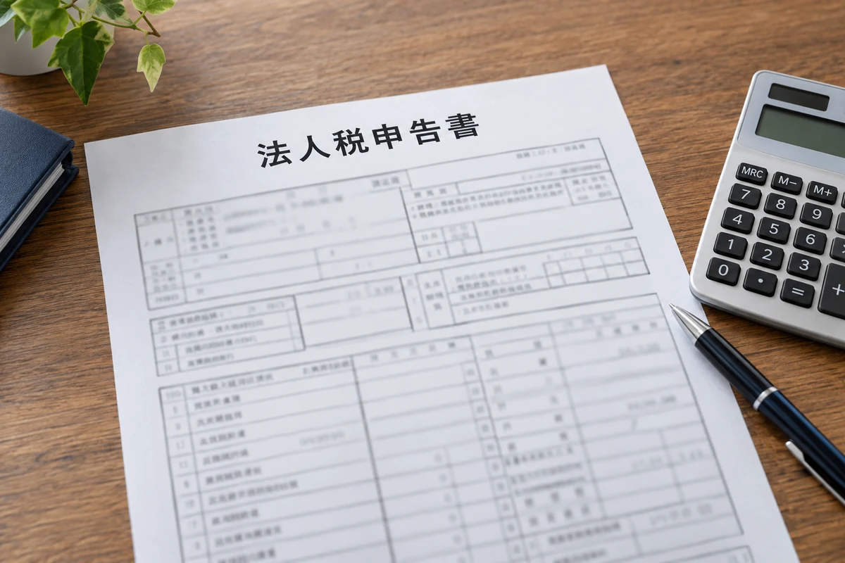 Tờ khai thuế doanh nghiệp 法人税申告書 cùng máy tính cầm tay trên bàn làm việc.